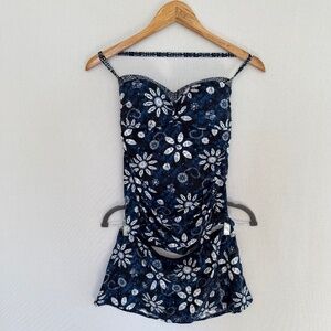 BLEU ROD BEATTIE Size 6 Tankini Swim Skirt Set Blue & White Floral Print